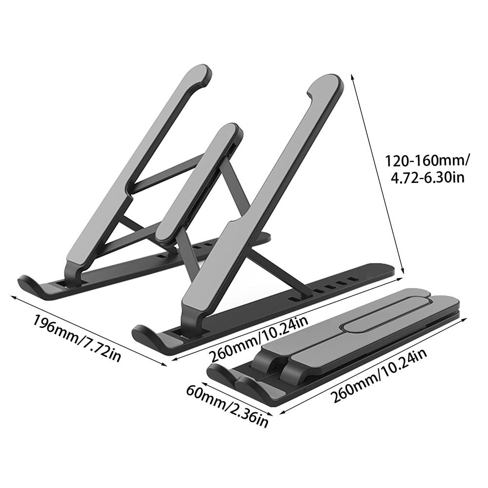 Sølvfarget, kompakt laptop stativ for bedre ergonomi og luftsirkulasjon under daglig bruk.