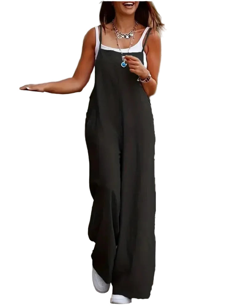 Ermeløs jumpsuit for kvinner i løs passform, perfekt for komfortabel sommer- og hverdagsbruk.