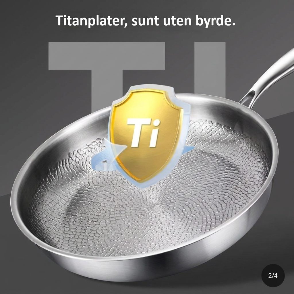 Langvarig titan stekepanne for sunn matlaging. Ubelagt og varmebestandig kjøkkenutstyr i førsteklasses titanlegering.