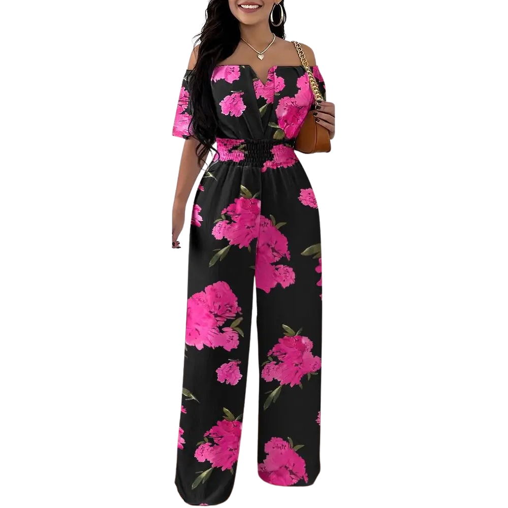 Fargerik damejumpsuit med trykk, skulderfri design og smockmidje for en komfortabel sommerstil.
