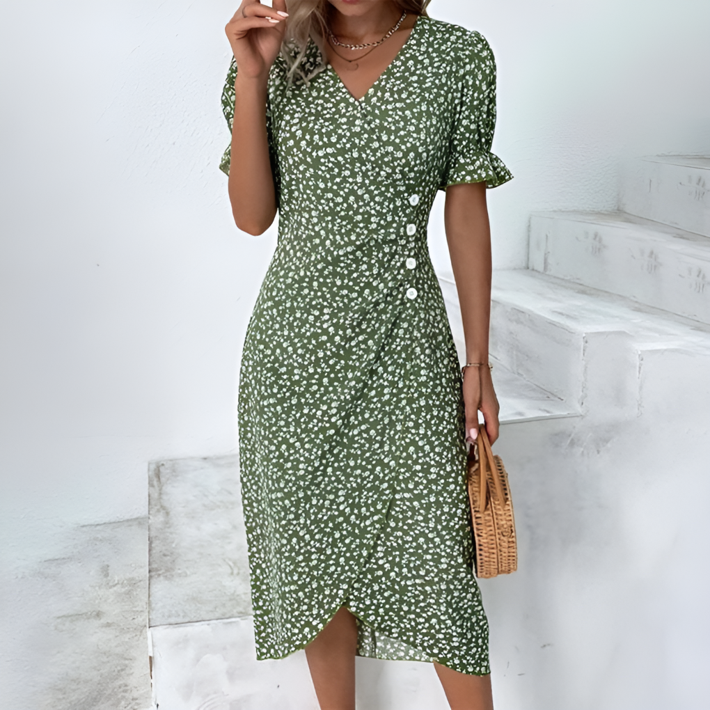 Elegant dame maxikjole, fargerik design med V-hals for varme sommerdager.
