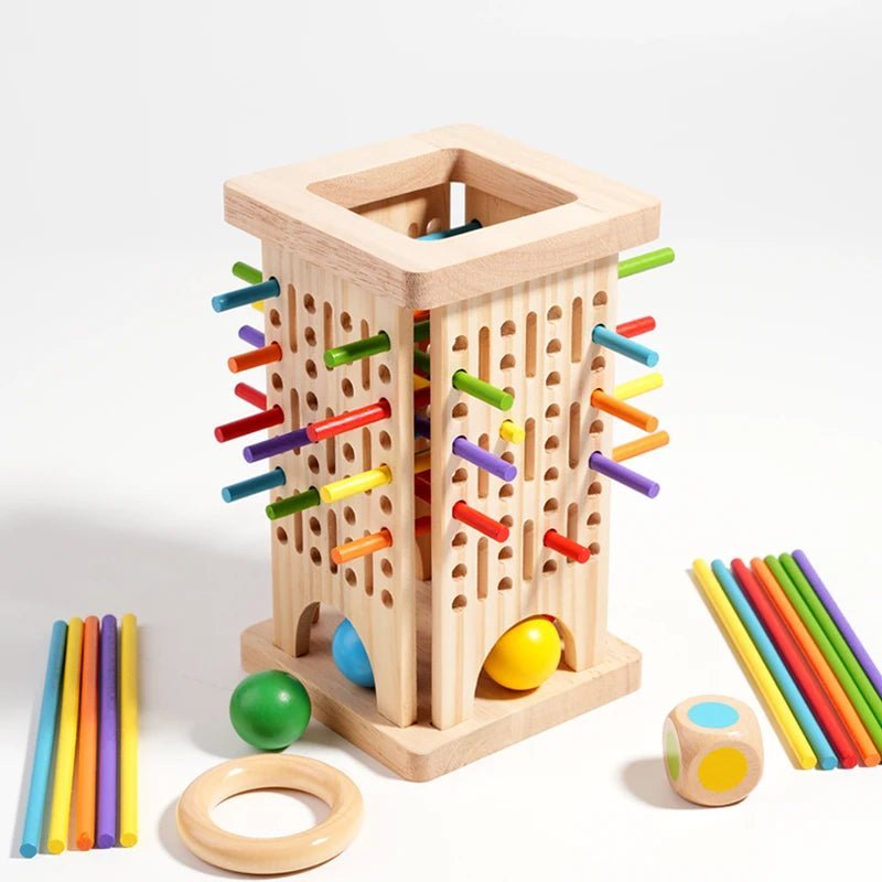 Glatte, fargerike Montessori tellepinner i bærekraftig tre, perfekt for småbarns tidlige tallæring.