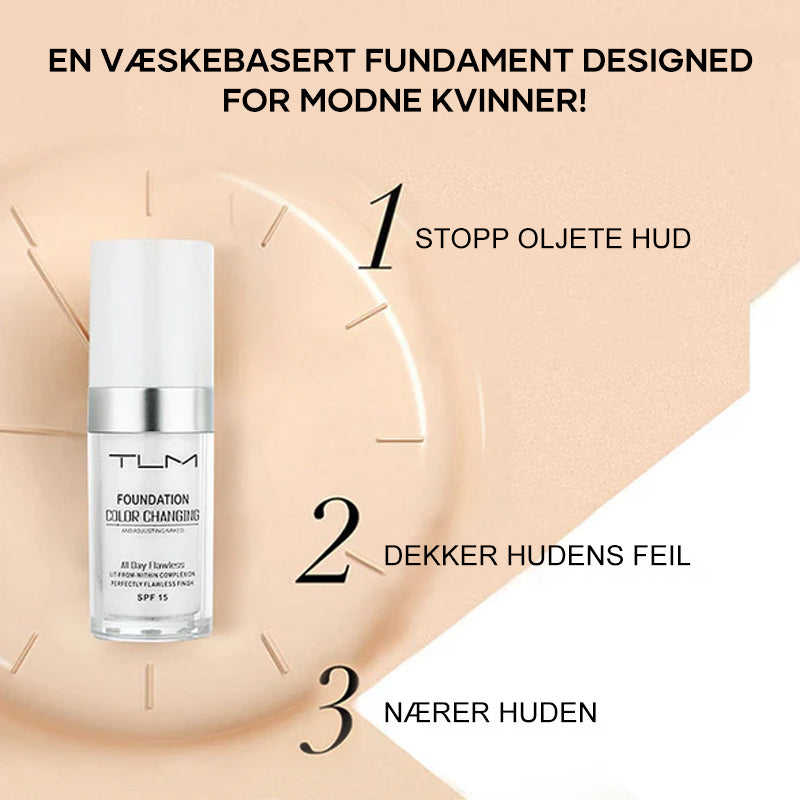 Nærbilde av fargeskiftende foundation som påføres moden hud, for jevn, naturlig og feilfri finish.