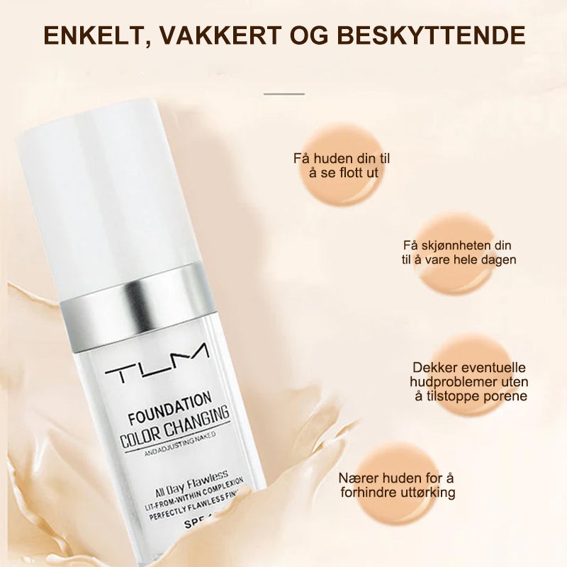 Flaske med fargeskiftende foundation. Sminke for moden hud som tilpasser seg din hudtone for naturlig perfeksjon.