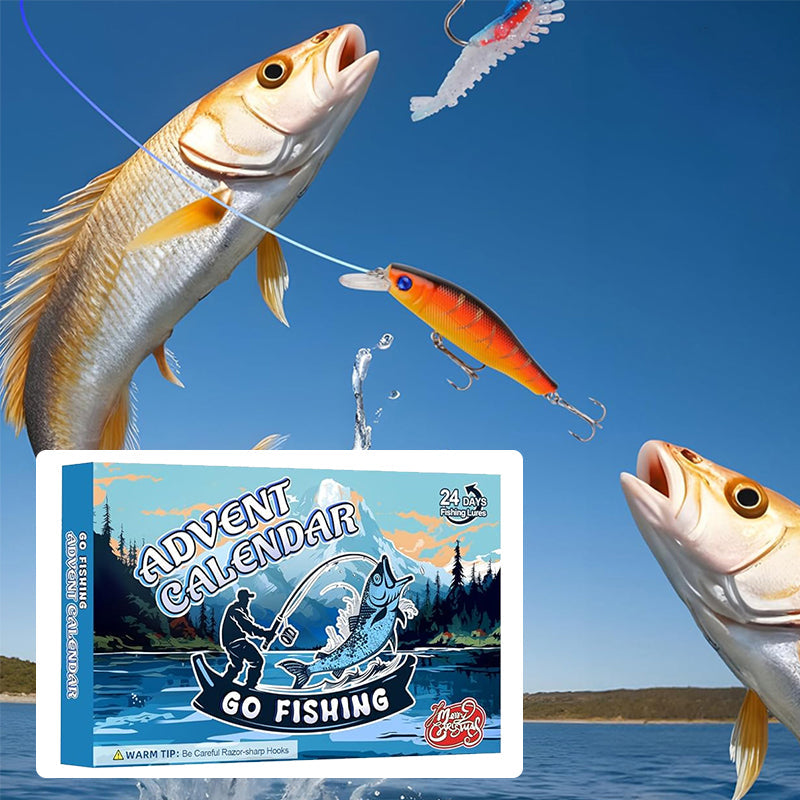 Adventskalender for fiskeentusiaster, med variert fiskeutstyr for utendørsaktiviteter.