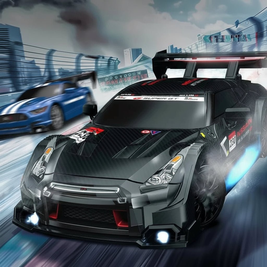 Dynamisk bilde av 4WD fjernstyrt RC driftbil i full sving, viser presis drifting og fart.