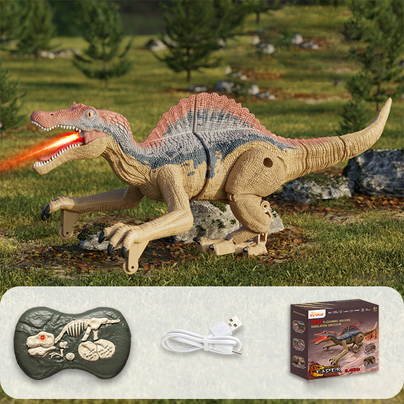 Interaktiv fjernstyrt dinosaurleke med tåkeeffekt, LED-lys og bevegelser for barn.