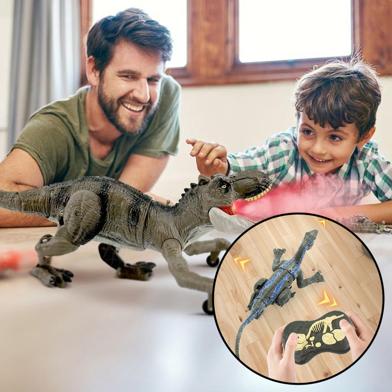 Nærbilde av fjernstyrt dinosaurleke som spyr tåke. Interaktiv leke med realistiske lyder.