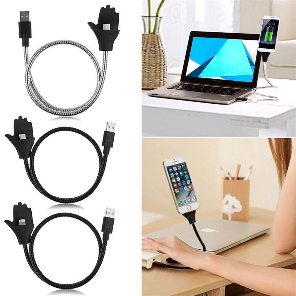 Smarttelefon ladekabel og stativ, fleksibel og universell design i sølv.