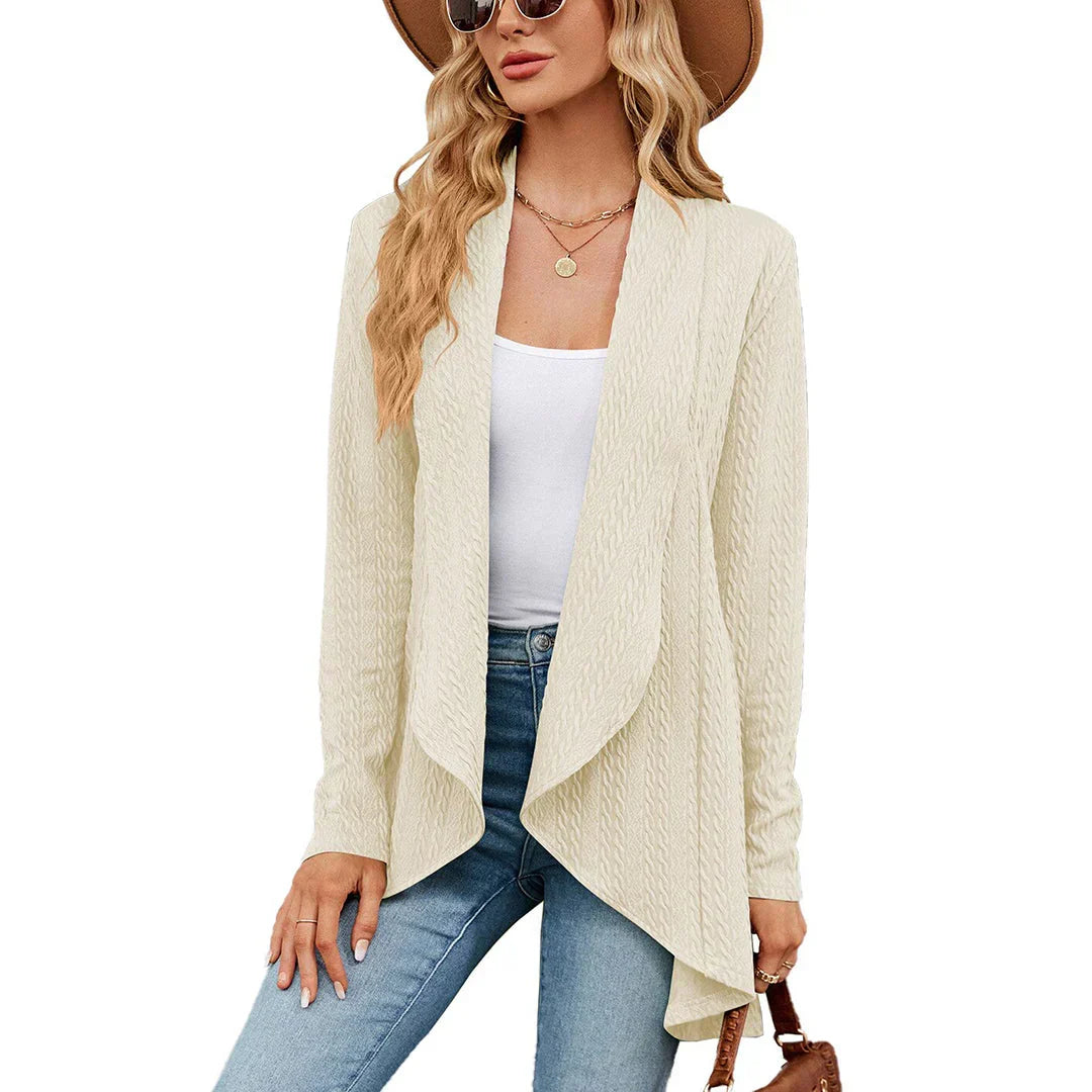 Stilfull lang høstcardigan for damer. Åpen front, komfortabel og elegant design.