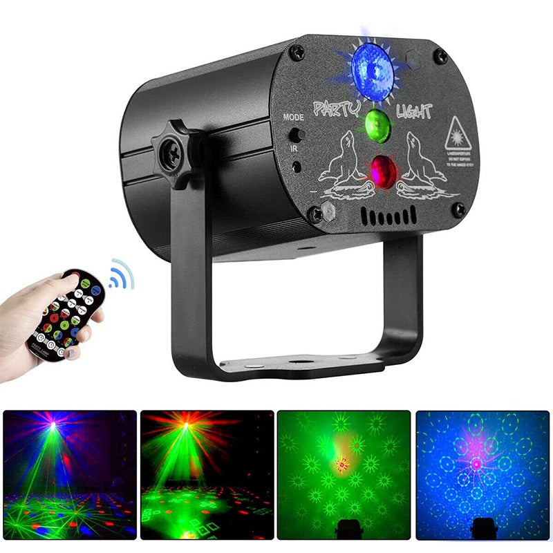 Kraftig RGB laser scenelys med fjernkontroll, ideelt for party og eventbelysning i hagen eller innendørs.