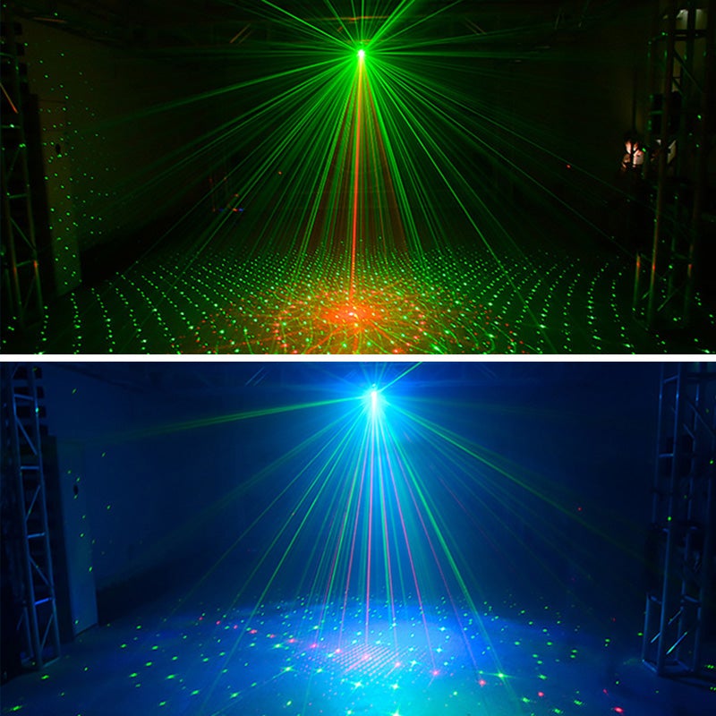 Lysende flerfarget LED partylys og laser for fest, disco og julebelysning utendørs, skaper magisk stemning.