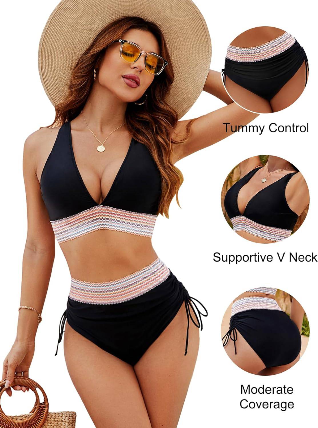 Sommerlig formende bikini for kvinner, fargeblokk og justerbar passform.