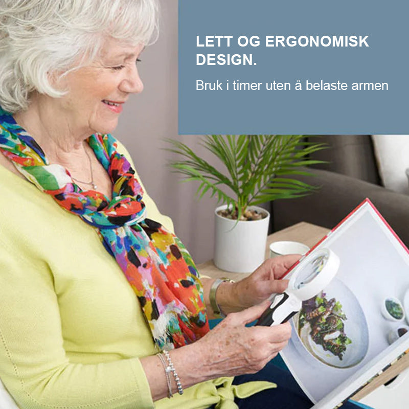 Forstørrelsesglass med sterkt LED-lys reduserer øyeanstrengelse for eldre og svaksynte ved lesing.