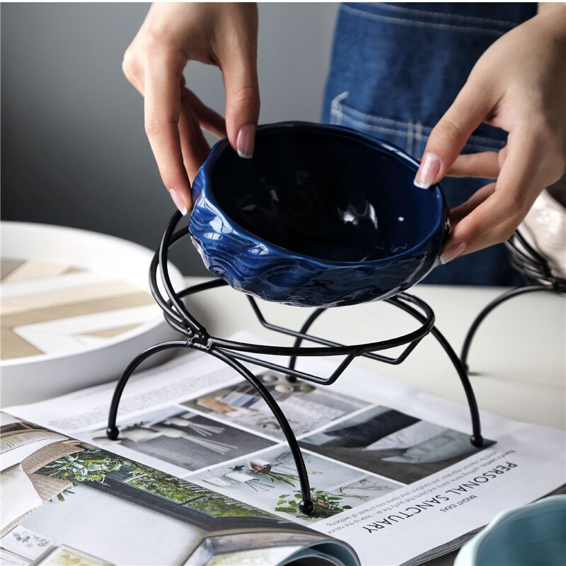 Nærbilde av en elegant, hvit keramisk fôringsskål med ergonomisk tilt for kjæledyr.