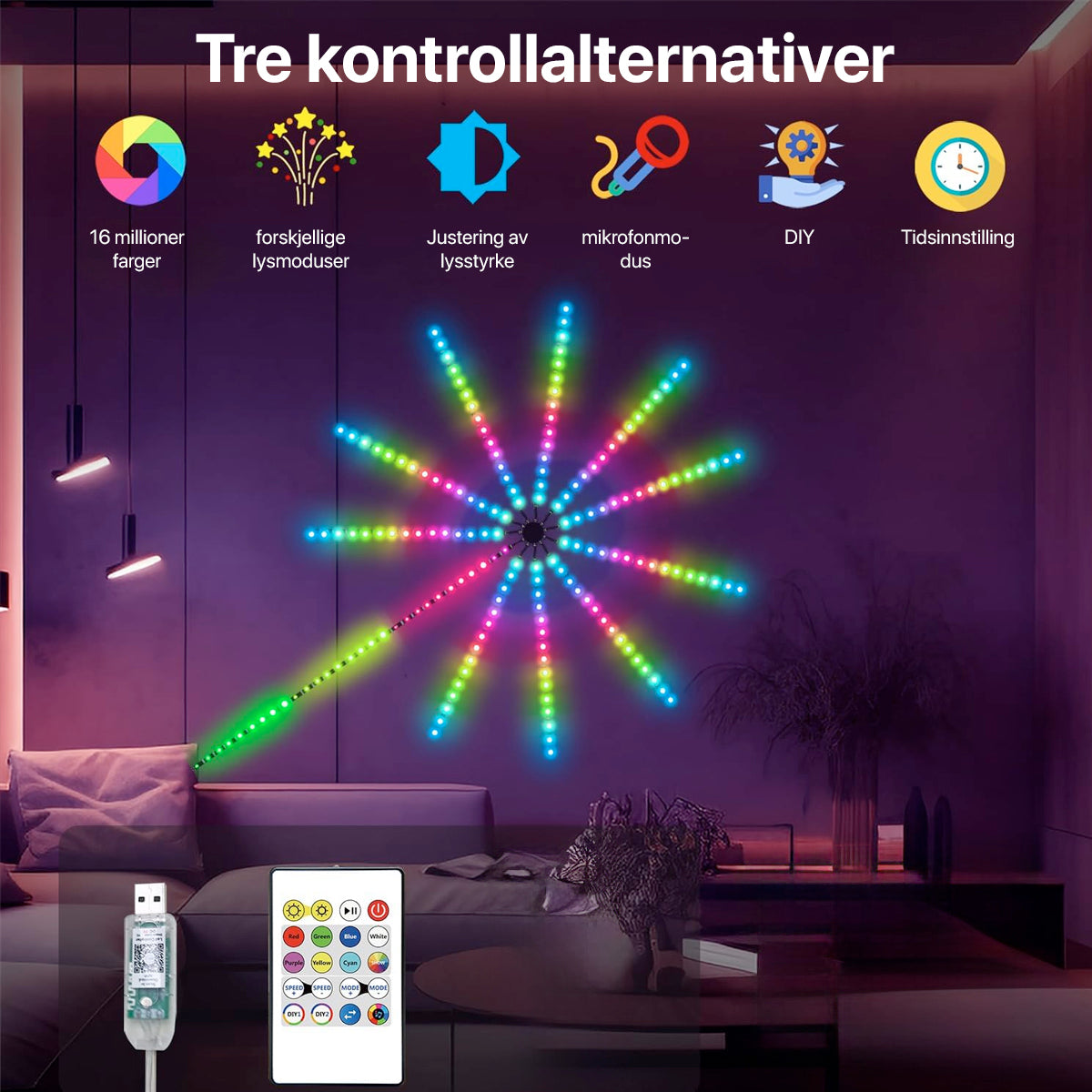 Spektakulære fyrverkeri LED-stripelys, skaper dynamisk feststemning og unik dekorasjon.