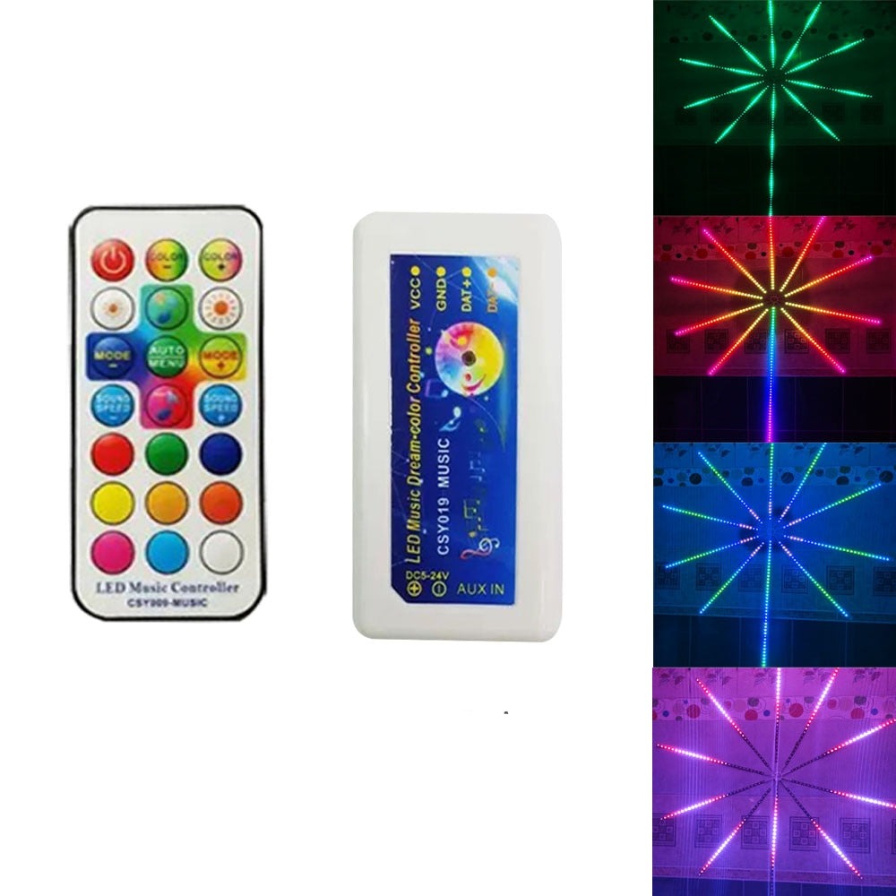 Fleksible RGB LED-stripelys med dynamisk fyrverkerimønster, ideelle for enkel festdekorasjon.