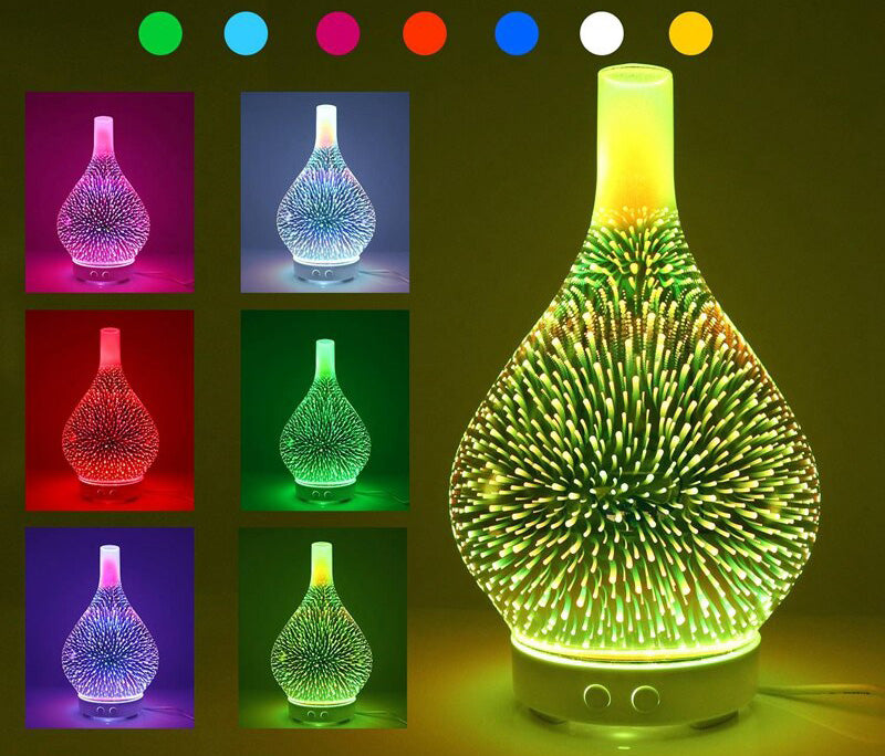 Design luftfukter med integrert aroma diffuser og LED fyrverkeri-lys. Forbedrer inneklima og stemning.