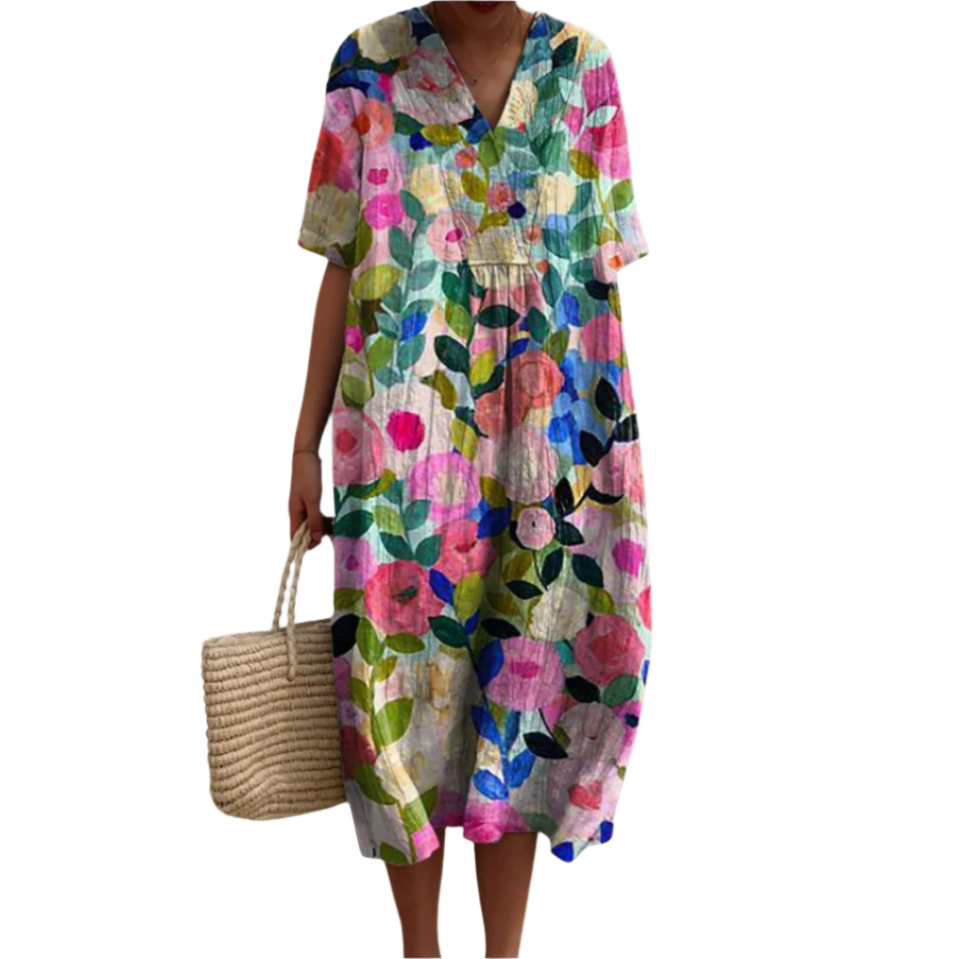 GemĂĽtliches Damen Sommerkleid mit Blumendruck, V-Ausschnitt, lockerem Schnitt fĂĽr Urlaub.