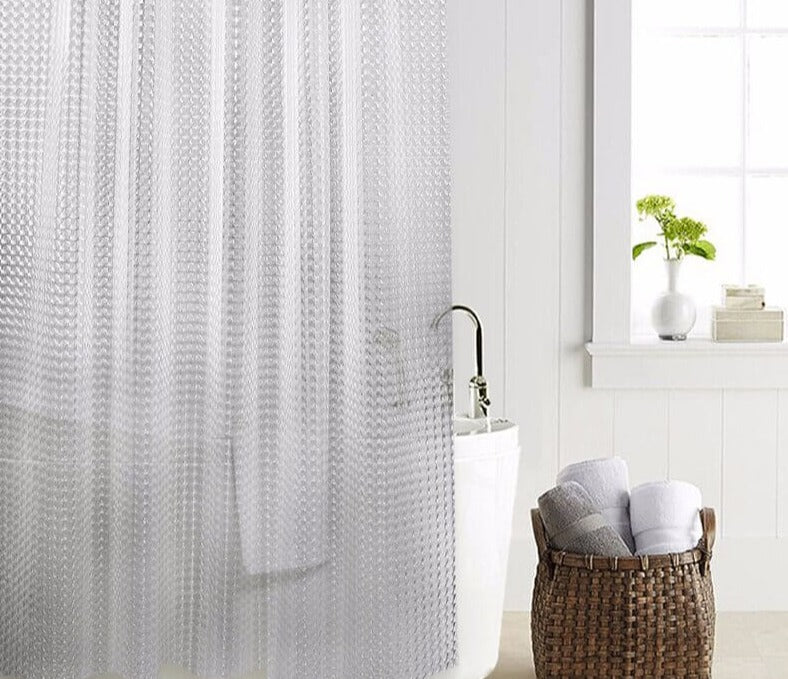 Stilrent gjennomsiktig 3D dusjforheng i vanntett EVA-materiale. Løfter baderomsinteriøret.