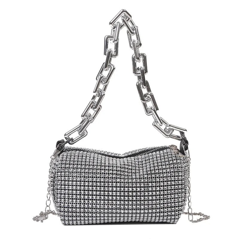 Glitrende bøtteveske for kvinner med rhinestones, perfekt festtilbehør og kveldsveske.