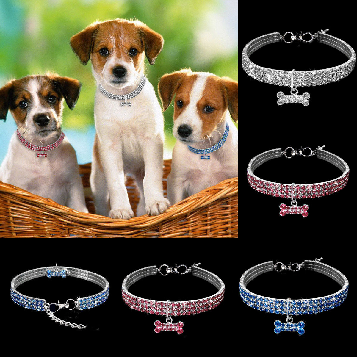 Nærbilde av glitrende rhinestone kjæledyrhalsbånd med skinnende anheng for hund og katt.