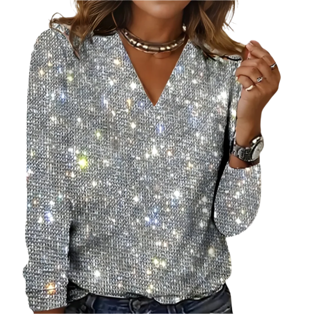 Glitrende kvinnebluse med elegant V-hals og diamanteffekt for fest. Perfekt glamorøs kveldsbluse.