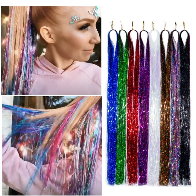 Fargerik tinsel extension, perfekt hĂĄrpynt for en strĂĄlende og unik hĂĄrstil.