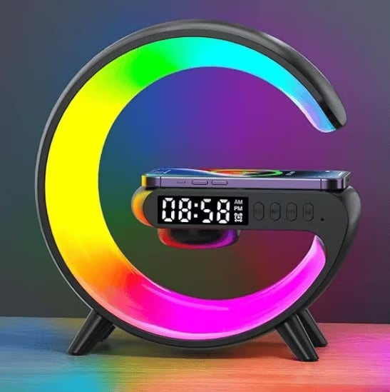 GlowTunes smartlampe med Bluetooth-høyttaler, trådløs lading og fargerikt stemningslys.