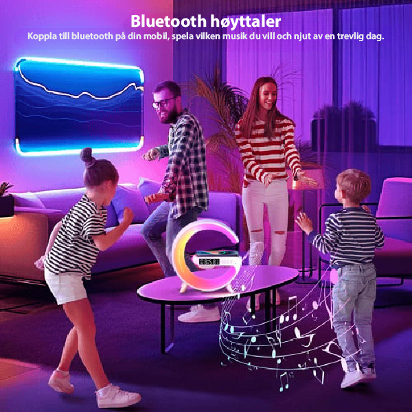 Stilig smartlampe som interiørdetalj med fargerikt lys, Bluetooth-høyttaler og trådløs lading.