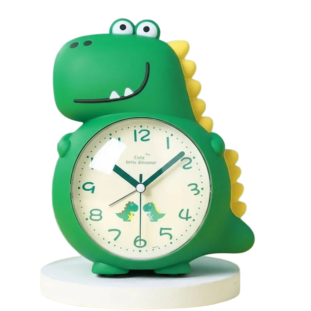 Grønn dinosaur vekkerklokke med mildt vekkelys for barn; perfekt barneklokke til barnerommet.