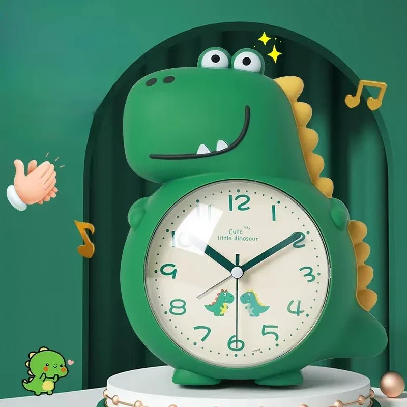Grønn barneklokke med dinosaurdesign og vekkelys; en morsom og funksjonell vekkerklokke for barn.