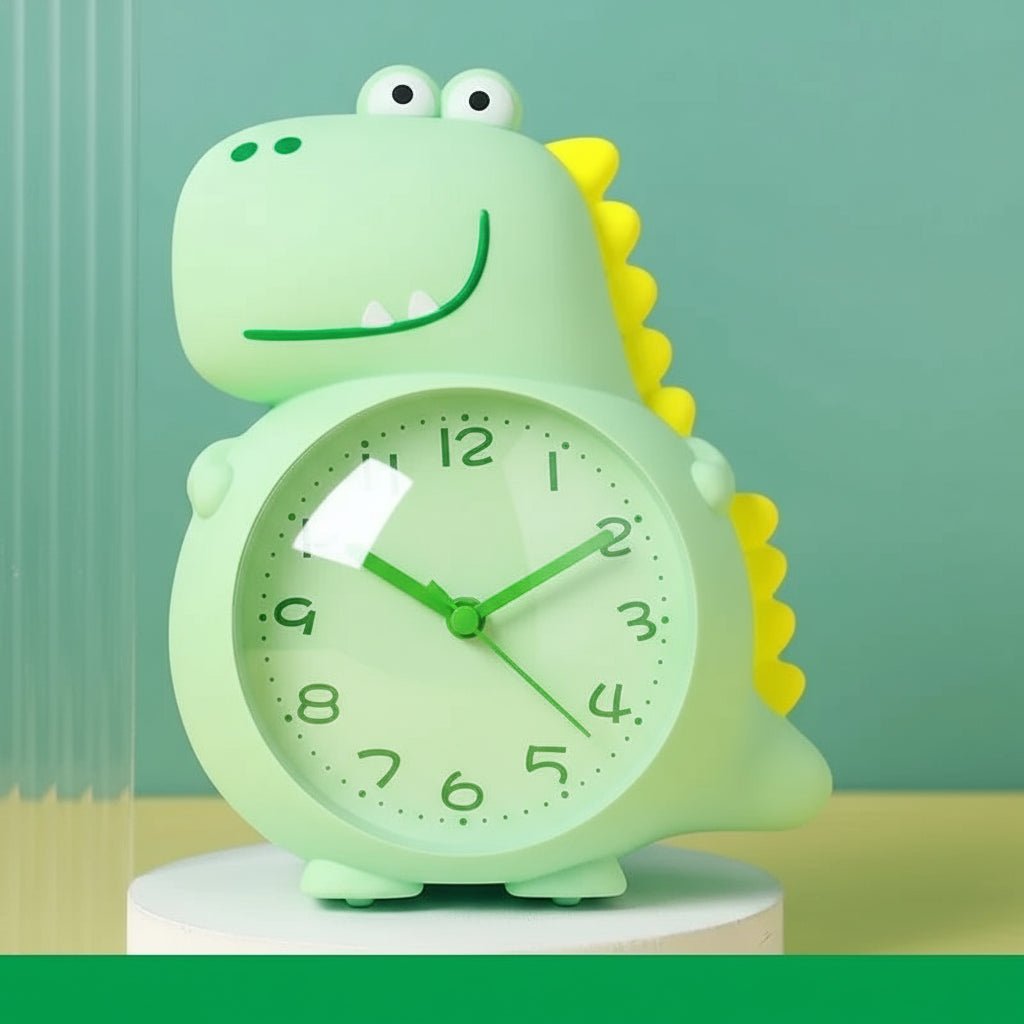 Søt dinosaur vekkerklokke i rosa og grønt, med digital skjerm og vekkelys; perfekt for barnerommet.