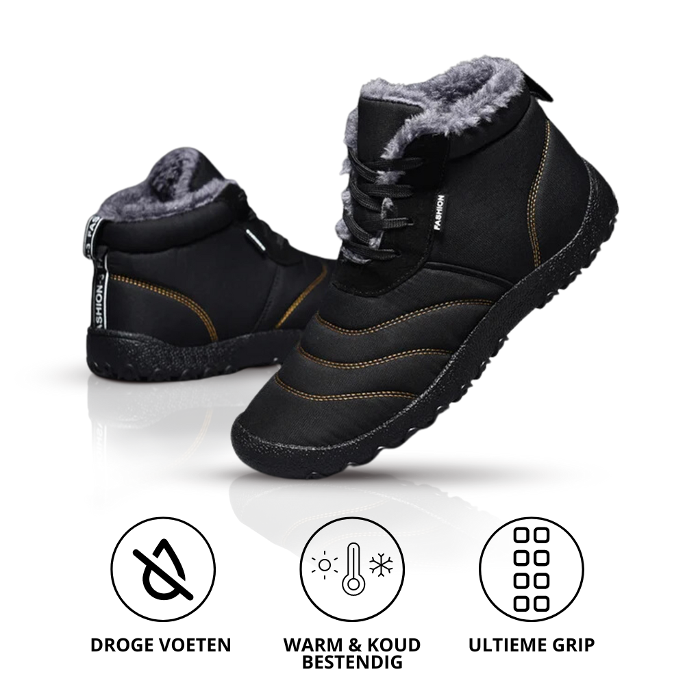 Gul og svart barfot herresko, vanntett vintermodell med minimalistisk design, ideell for utendørs aktivitet.