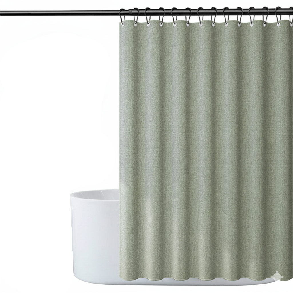 Grønt klassisk dusjforheng i stoff, minimalistisk design. Skaper en beroligende spa-følelse på moderne baderom.
