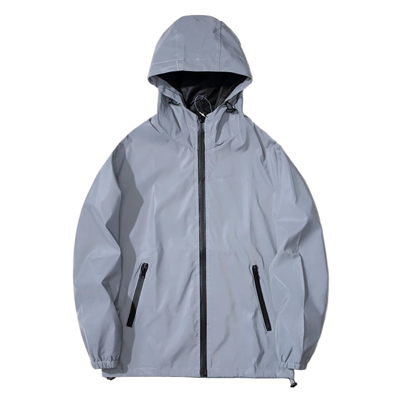 Graue Herren Windjacke, reflektierend, schĂĽtzt vor Wind und leichtem Regen beim Outdoor Sport.