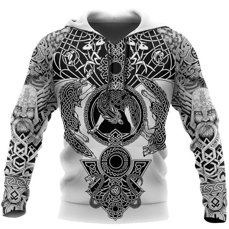 Grå herre hettegenser med vikingmotiv, ideell for streetwear og fritidsklær. Komfortabel overdel med mytologisk motiv.