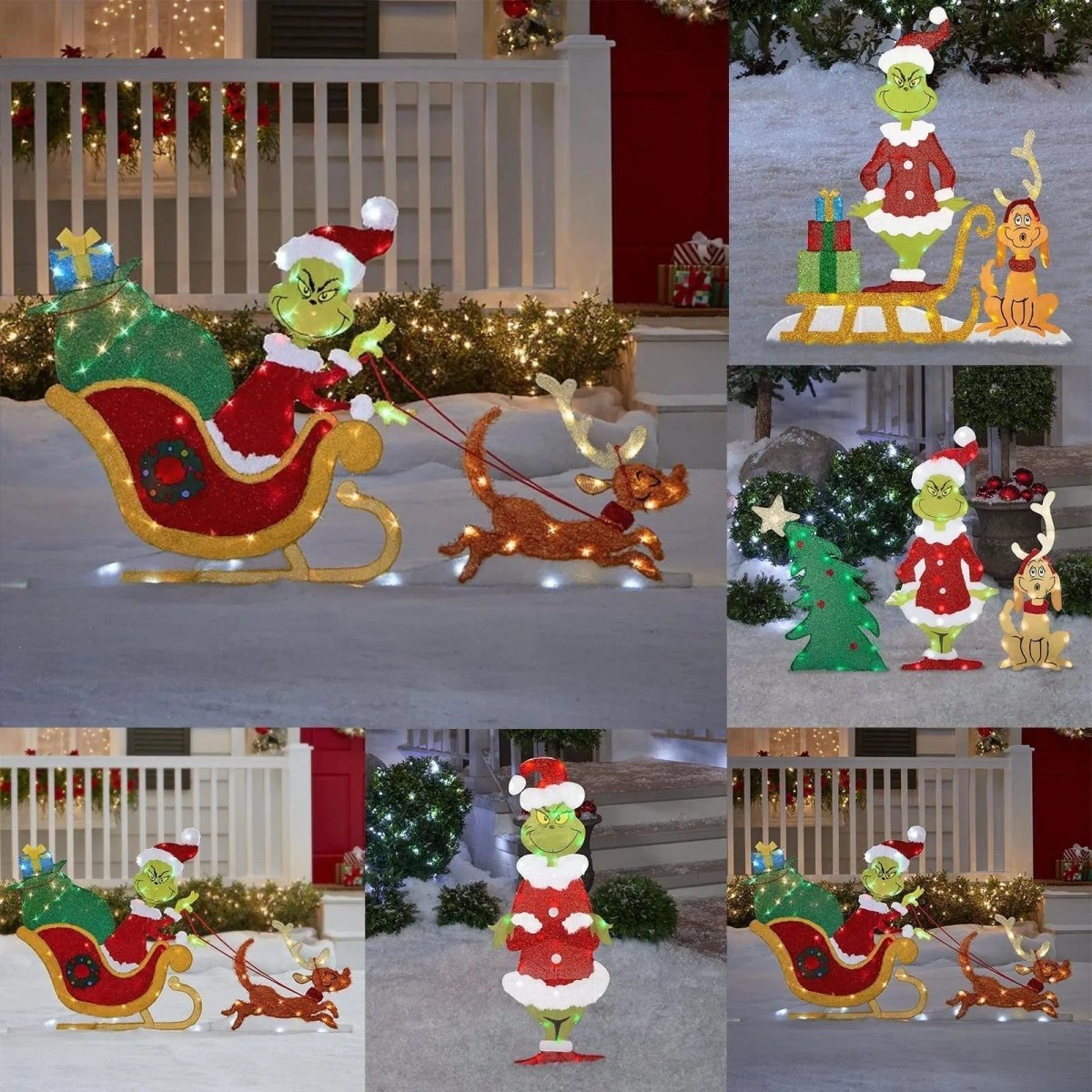 Værbestandig Grinch-dekorasjon for hagen. LED-lys for en festlig julefeiring og julestemning.