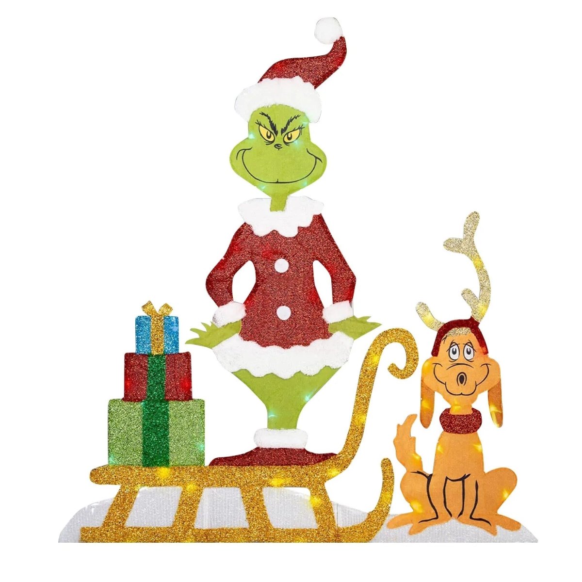 Grinch hagedekorasjon med LED-lys. Tåler vintervær, perfekt for julestemning og utendørslys.