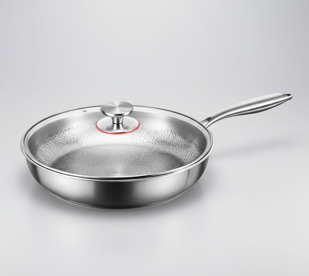 Innside av titanpanne med non-stick. Visuell fremstilling av robust materiale og glatt overflate for enkel bruk.