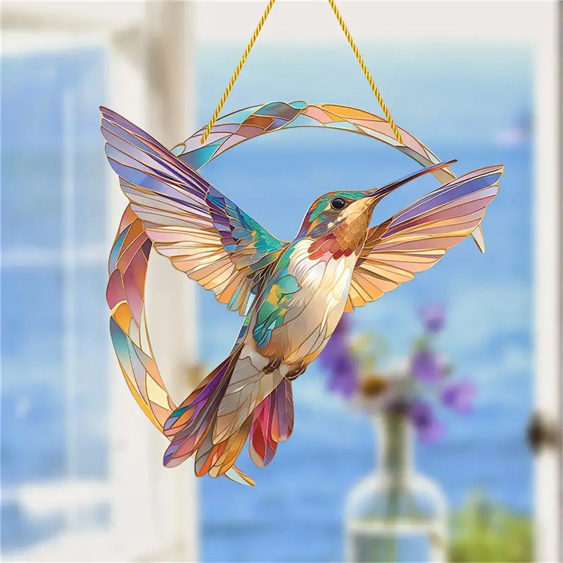 Elegant lilla kolibri solfanger i krystall, hengende dekorasjon perfekt som vindusdekorasjon.