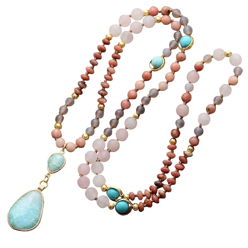 Håndlaget pastell mala halskjede for kvinner. Unikt smykke for meditasjon, yoga og bohemsk stil.