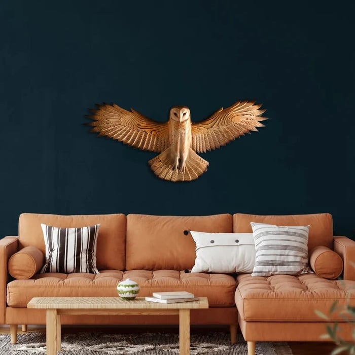 Detaljert ugle veggdekor, håndlaget interiørkunst med naturmotiv; perfekt for et rustikt hjem.