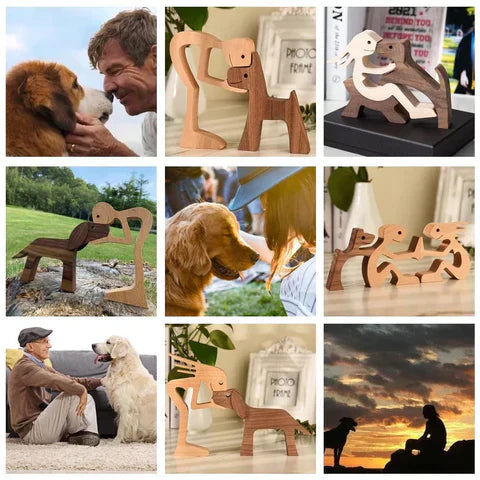 Håndlaget, rustikk trefigur av menneske og hund. Unik skulptur & hundegave for hjemmedekorasjon.