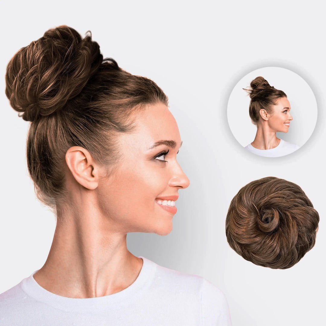 Scrunchie hårtilbehør som gir fyldig hårbolle uten anstrengelse.
