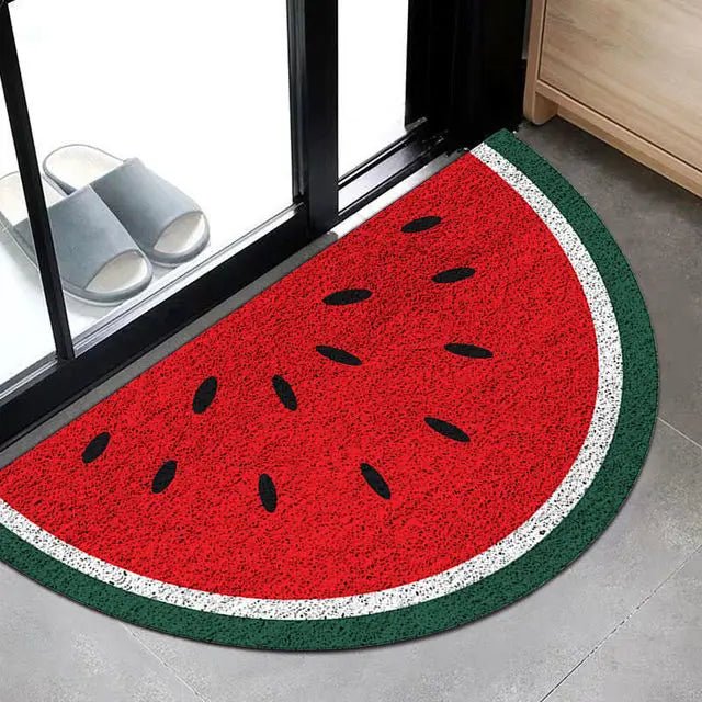 Slitesterk halvsirkel dørmatte, sklisikker, med unikt regnbue- og vannmelondesign for inngangspartiet.