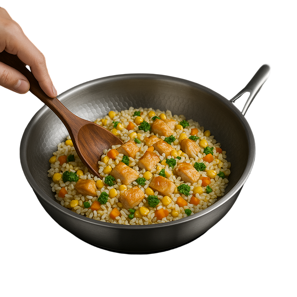 Hamret titanpanne for allsidig matlaging, sølvfarget. Perfekt for induksjon, gass og keramikk.