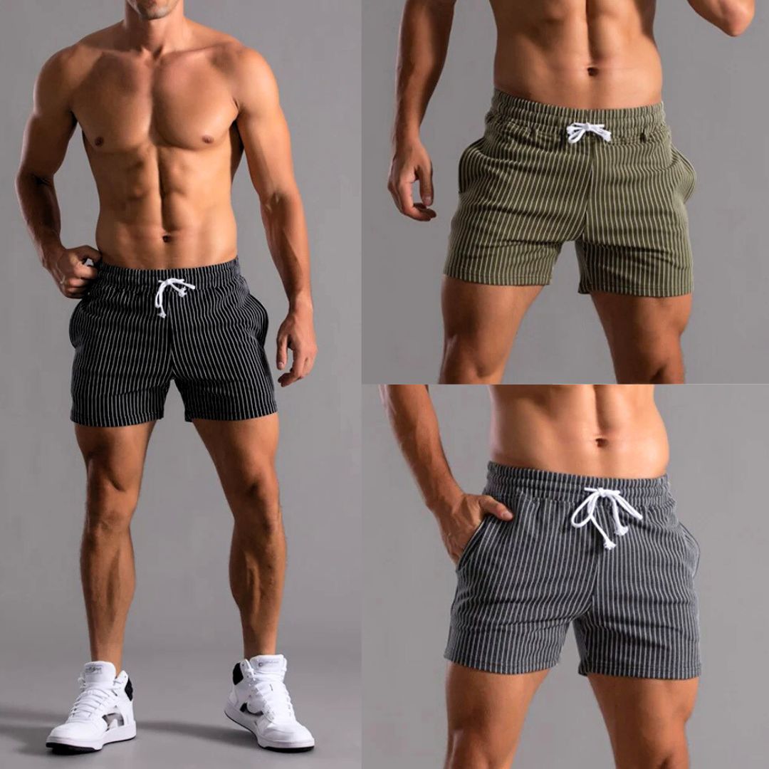 Stripete herreshorts i athleisure stil med elastisk midjebånd. Komfortabel fritidsshorts for sommermote. Herreklær.