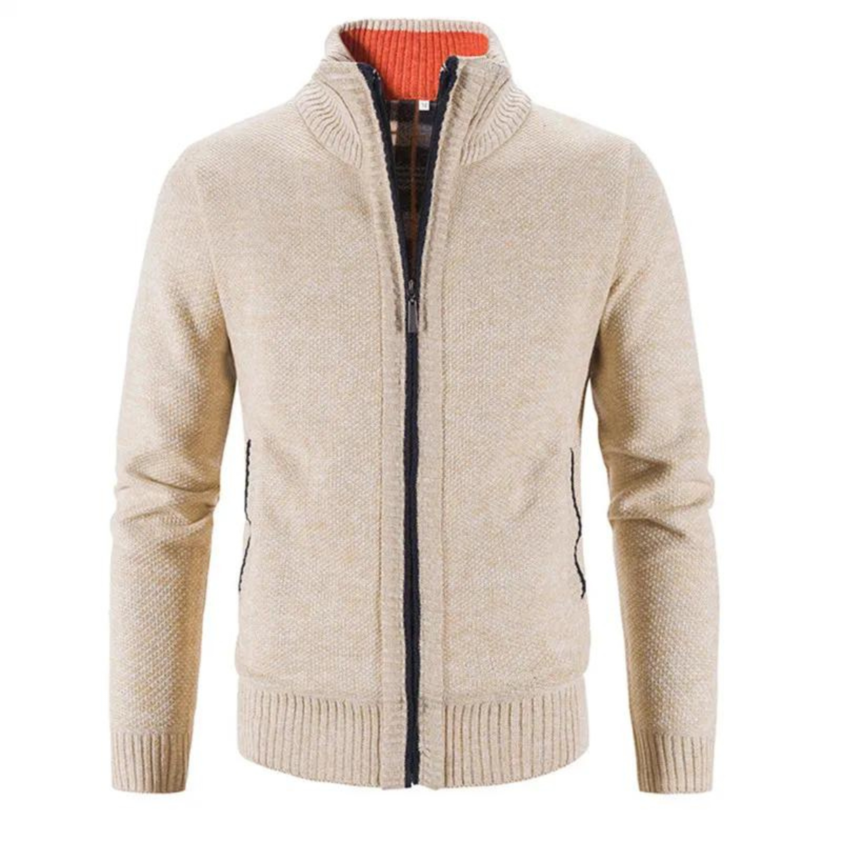 Komfortabel herre cardigan i myk strikk med glidelås og mock-hals. Perfekt for hverdags og semi-formell herremote.