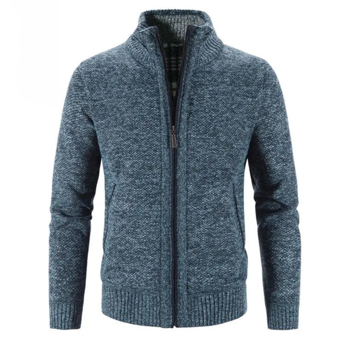 Elegant herre cardigan med glidelås og mock-hals. Passer perfekt til casual og moderne semi-formell stil.